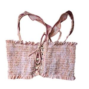 POWER 2 THE FLOWER Pink Floral Smocked Lace Up Bikini Top Ruffle Straps